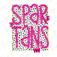 a bold and vibrant design with the text "SPARTANS" prominently displayed in a playful, neon pink font against a background of black and white polka dots.