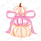 a watercolor drawing of a pumpkin with a pink bow