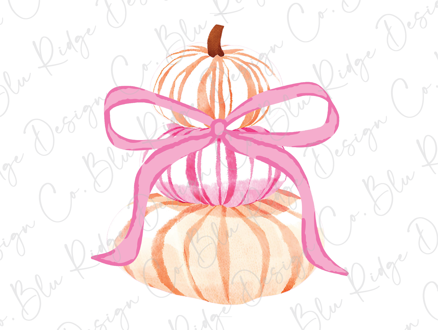 a watercolor drawing of a pumpkin with a pink bow