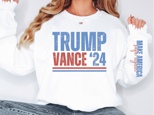 a woman wearing a trump sweater and jeans