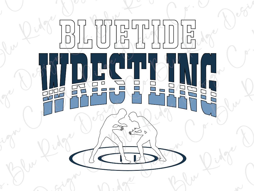 a blue and white logo with the words blue tide wrestling