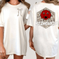 two different views of a white t-shirt with a graphic design on the back. The design features a red dog with a bow on its neck and the text "REDHOUNDS" written below the dog's head.