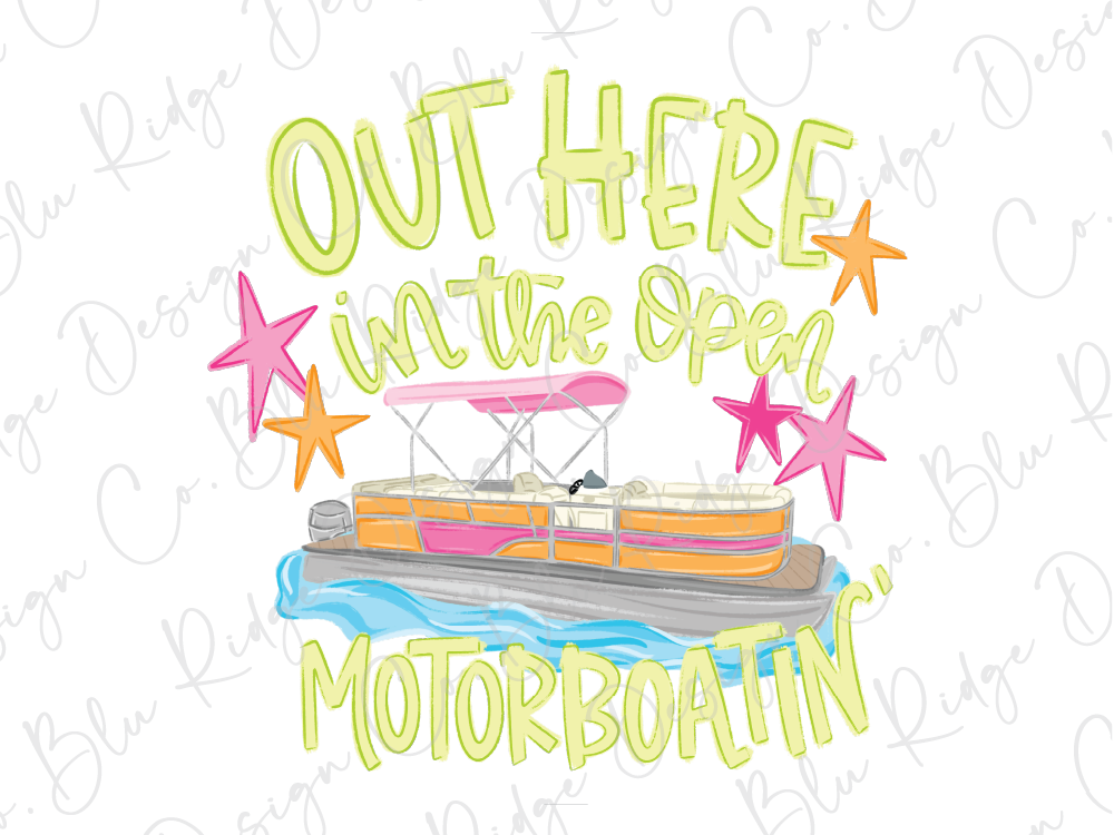 a colorful boat with a pink canopy and yellow stars, accompanied by the text "OUT HERE in the open MOTORBOATIN'".