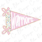 A pink triangular flag with the word "Warriors" written on it, along with two pink bows.