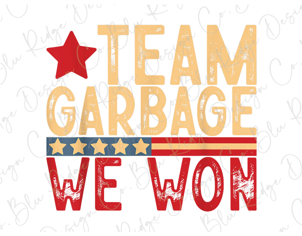 a red white and blue team garbage we won