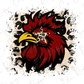 A stylized rooster with a bold, graphic design featuring a mix of red, black, and leopard print elements.