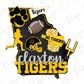 The image is a collage of various sports-related elements, including a football, a tiger paw, a cheerleader, and the text "claxon TIGERS".