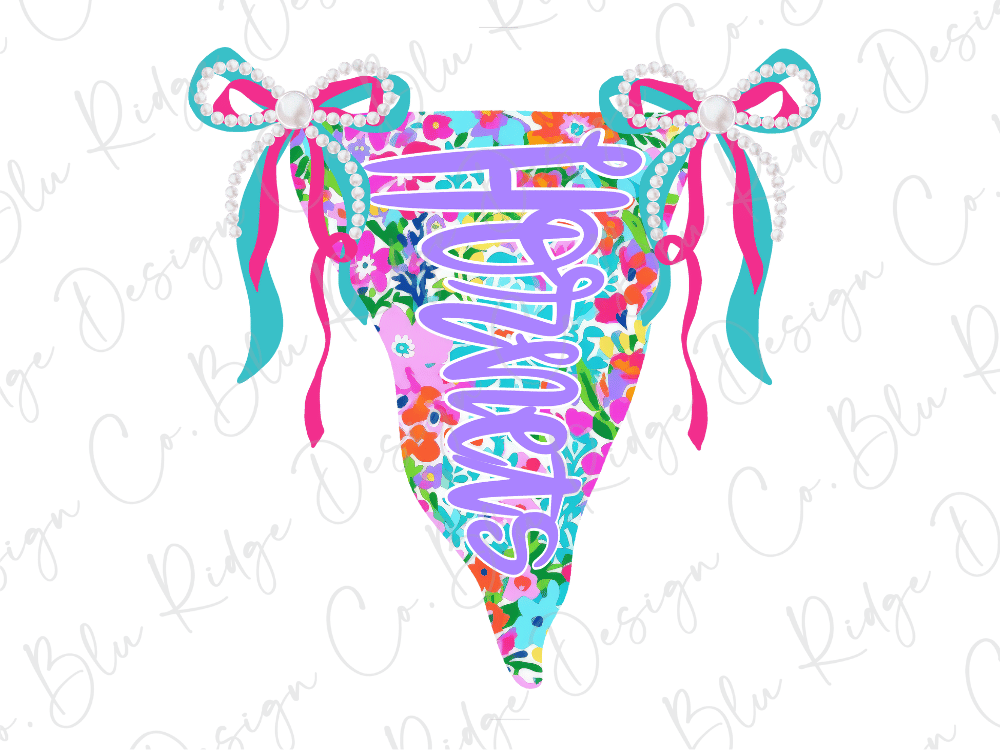 A colorful, floral-patterned banner with bows and the word "HAPPY" written on it.