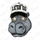 A cartoon illustration of a hippopotamus wearing a hat with the text "LET'S GO" and sunglasses.