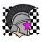 A stylized illustration of a helmet with a pink star on the front, set against a background of black and white checkered patterns.