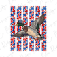 A cartoon duck wearing a hat with an American flag on it, flying against a background of red, white, and blue camouflage patterns.