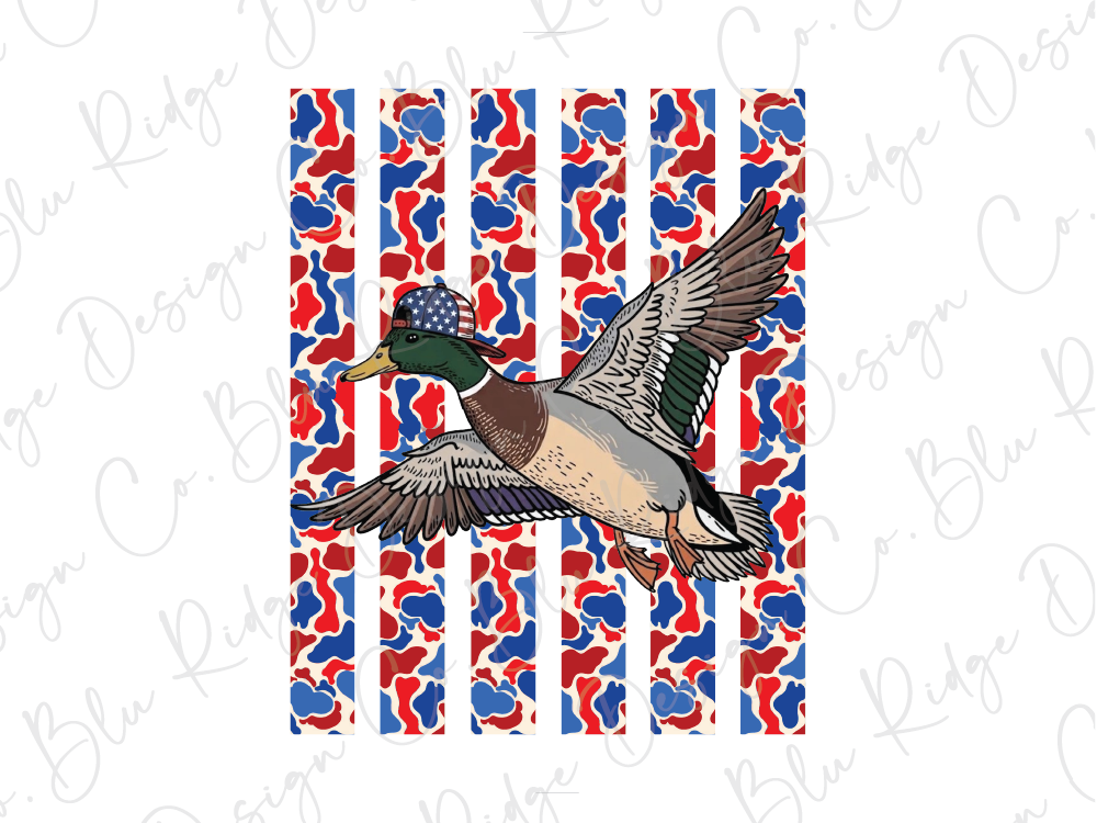 A cartoon duck wearing a hat with an American flag on it, flying against a background of red, white, and blue camouflage patterns.