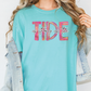 a woman wearing a t - shirt that says tide on it