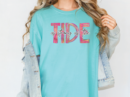 a woman wearing a t - shirt that says tide on it