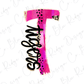 A pink stylized letter 'T' with black text and decorative elements, such as polka dots and leopard print accents.