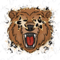 A stylized illustration of a bear with a fierce expression, wearing animal-like eyes and surrounded by splattered paint or ink.