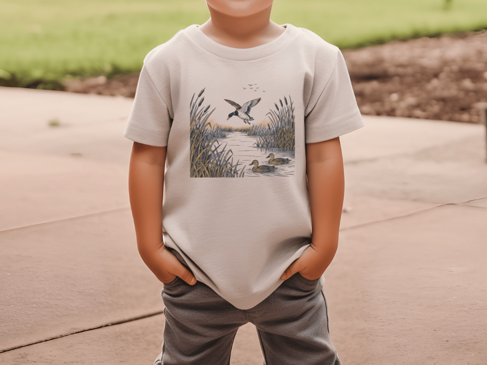 A young boy wearing a t-shirt with a printed image of ducks in a pond.