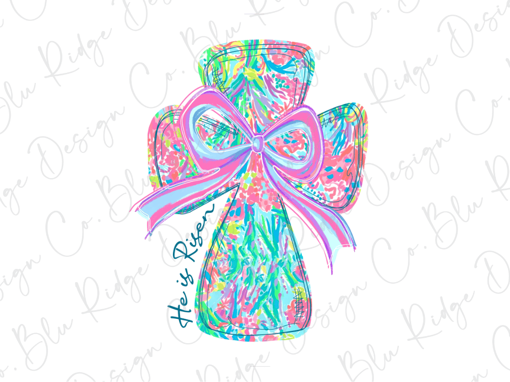 A colorful, abstract illustration of a cross with a pink ribbon, featuring a floral pattern and the text "He is risen" written below it.