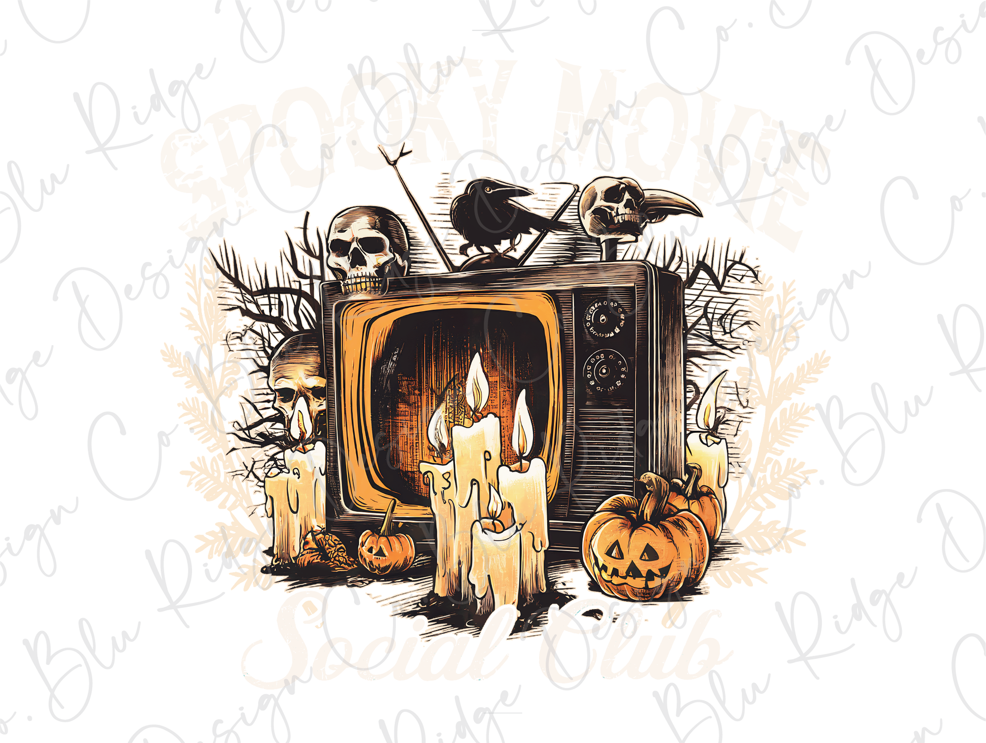 a drawing of a tv with candles and skulls on it