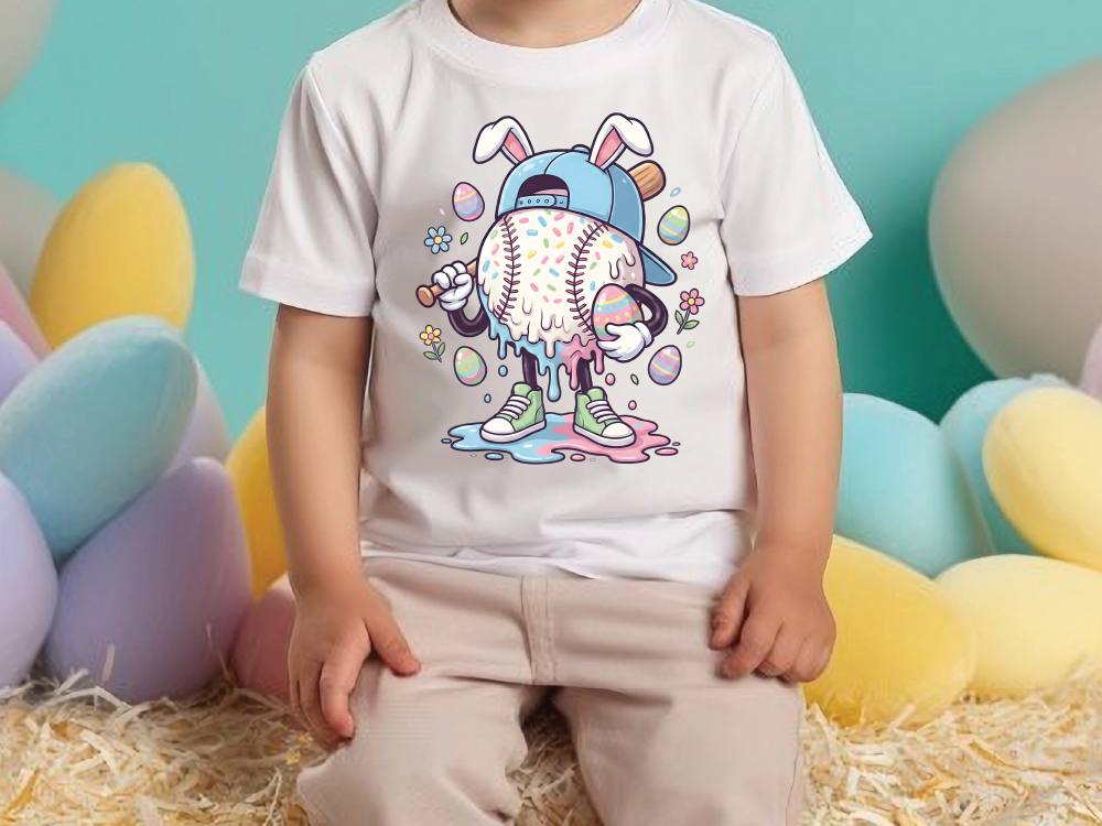 A child wearing a white t-shirt with a colorful cartoon character design, including a baseball and Easter eggs, is sitting on a bed of straw.