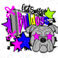 A colorful and stylized graphic design featuring a bulldog with large eyes and stars, surrounded by various shapes and patterns in shades of pink, purple, and blue.