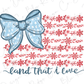 a blue bow with white stars and red flowers, placed on top of a red and white floral background. Below the bow, there is a phrase written in cursive that reads "land that i love".