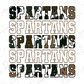 the word "SPARTANS" repeated in various sizes and orientations, creating a visually striking and textured effect.
