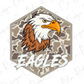 a stylized eagle head with a camouflage pattern, accompanied by the word "EAGLES" written below it.