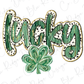 a green shamrock with the word luck on it