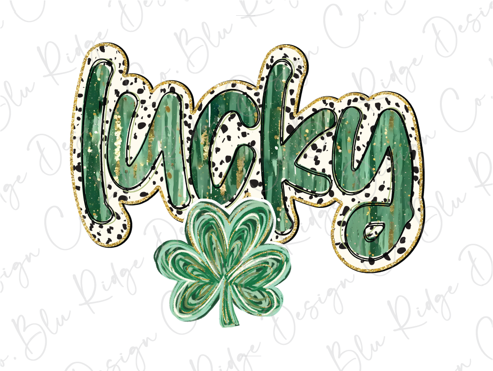 a green shamrock with the word luck on it