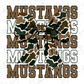 A camouflage bow with the word "MUSTANG" written in a repeating pattern of brown and green letters.