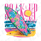 A colorful surfboard with a floral pattern and the text "The sun" written on it, set against a beach scene with waves and sand.