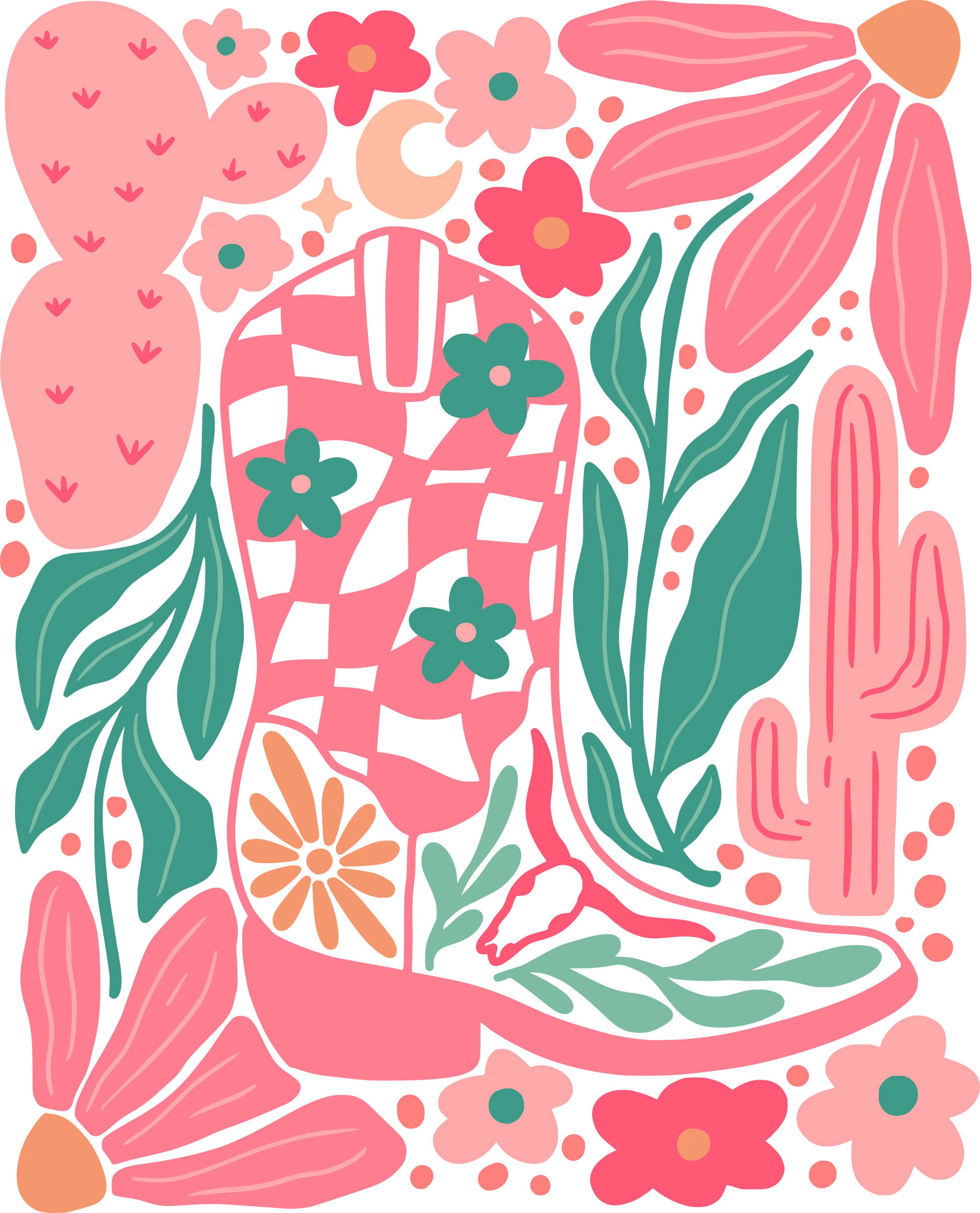 a pink cowboy boot surrounded by flowers and cacti