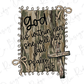 a religious quote from Psalm 46:5, which reads "God is within her, she will not fail." The quote is presented in a decorative frame with a bow and a cross, and the background is a camouflage pattern.