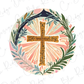 a cross surrounded by plants and leaves on a white background