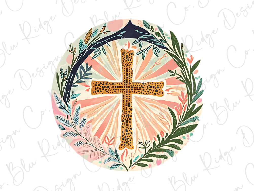 a cross surrounded by plants and leaves on a white background