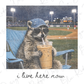 A raccoon wearing sunglasses and a baseball cap is sitting in a blue lawn chair, holding a drink in a plastic cup.