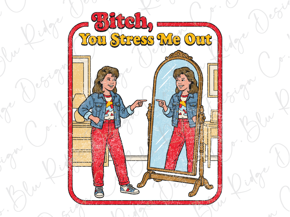 a woman standing in front of a mirror, pointing at her reflection. The text above the image reads "Bitch, You Stress Me Out".