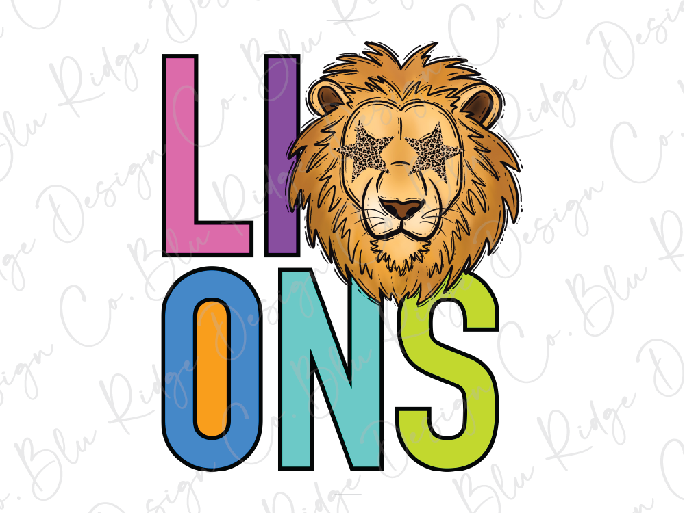A stylized illustration of a lion's head with a star-shaped eye, accompanied by the word "LIONS" in a colorful, playful font.
