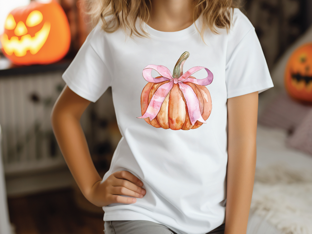 a little girl wearing a white shirt with a pink bow on it