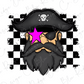 A pirate face with a black beard, a black hat with a skull and crossbones, and a pink star on the left eye.