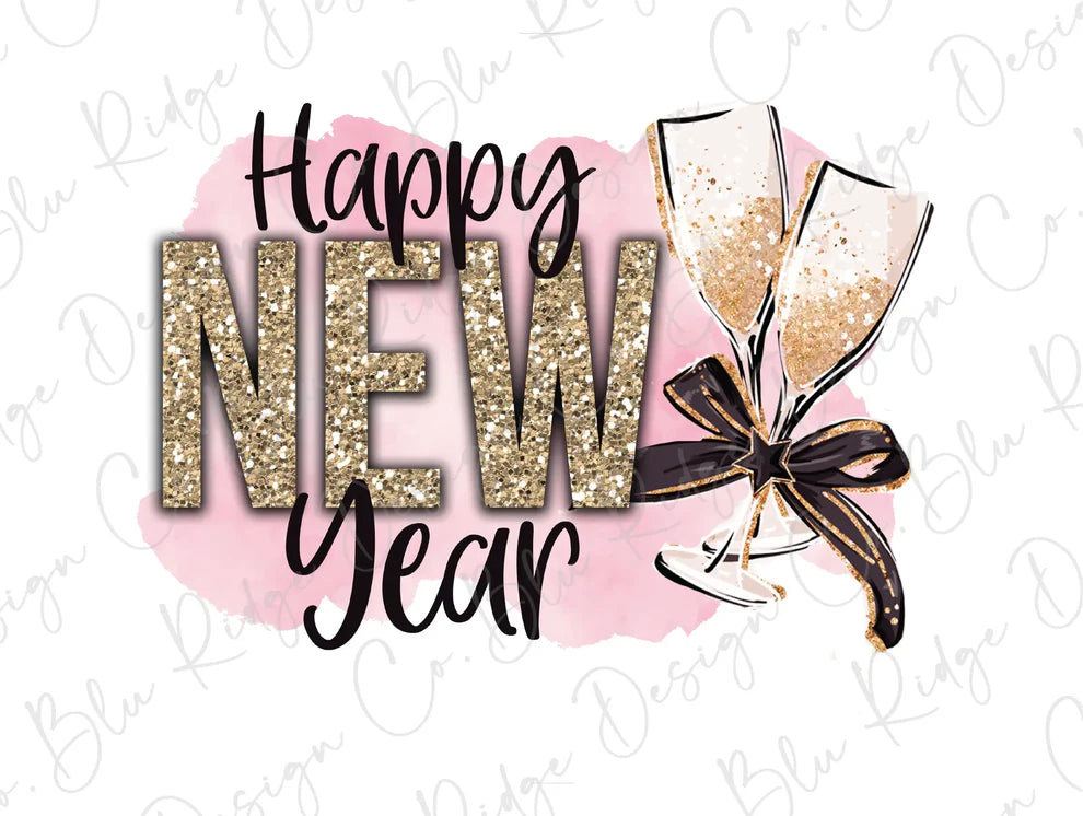Happy New Years Party Pink and Gold Glitter Champagne Glasses Graphic T-Shirt