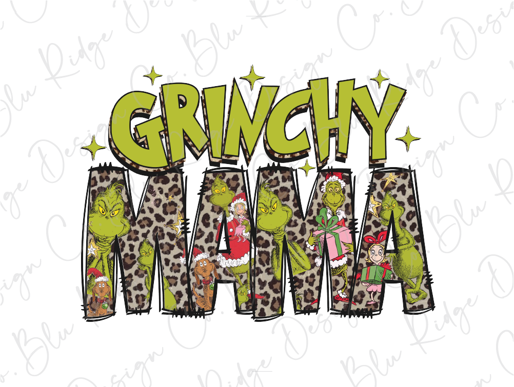 the word grinchy mama in green and leopard print