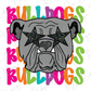A stylized illustration of a bulldog wearing star-shaped glasses, surrounded by colorful text that reads "Bulldogs" in various colors.