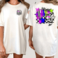 two different views of a white t-shirt with colorful graphics and text on the back.