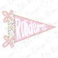 A pink triangular flag with the word "Riders" written on it, along with two pink bows.