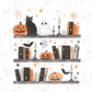 a halloween shelf with books, candles, and a black cat