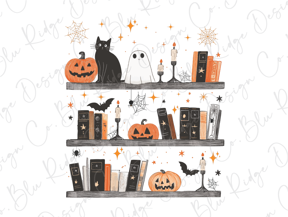 a halloween shelf with books, candles, and a black cat