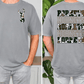 a man wearing a gray t-shirt with a graphic design on the front and back.