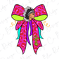 A colorful illustration of a Native American head wearing a headdress, with a large pink bow featuring a leopard print pattern and the word "Chicks" written on it.